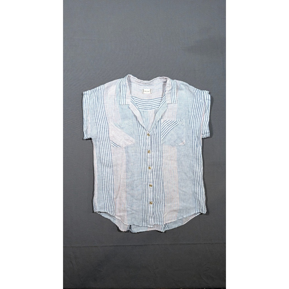 Altar'd State Women Navy Red Striped Linen Blend Button Down Shirt Large